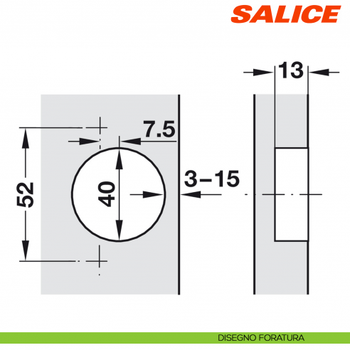 Cerniera Salice CFA5P99 Serie F apertura 94 gradi collo 22 per ante di forte spessore massimo 40 mm chiusura libera