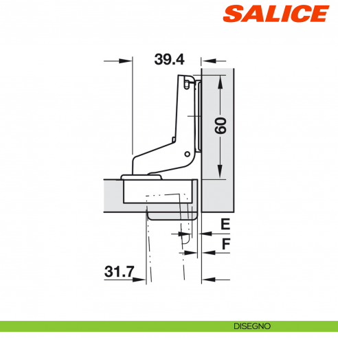 Cerniera Salice CFA5P99 Serie F apertura 94 gradi collo 22 per ante di forte spessore massimo 40 mm chiusura libera - disegno