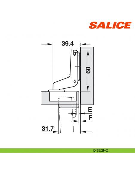 Cerniera Salice CFA5P99 Serie F apertura 94 gradi collo 22 per ante di forte spessore massimo 40 mm chiusura libera - disegno