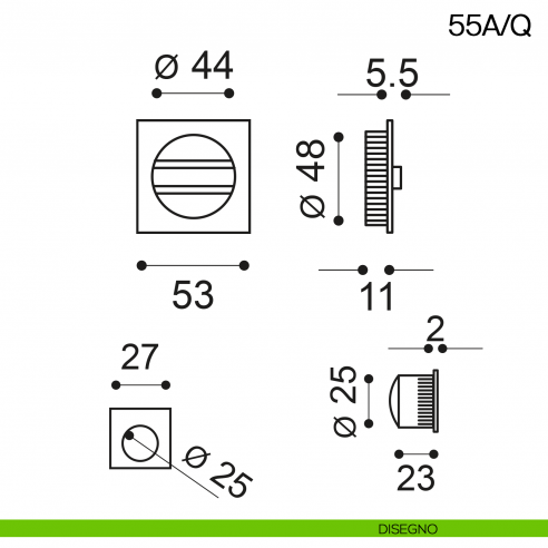 Maniglia incasso quadrata con nottolino e trascinatore Manital art.55A/Q disegno