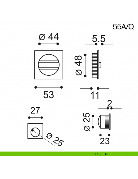 Maniglia incasso quadrata con nottolino e trascinatore Manital art.55A/Q disegno