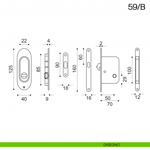 Maniglia incasso ovale con nottolino, trascinatore e serratura Manital art.59/B disegno