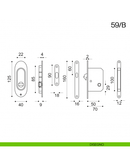 Maniglia incasso ovale con nottolino, trascinatore e serratura Manital art.59/B disegno