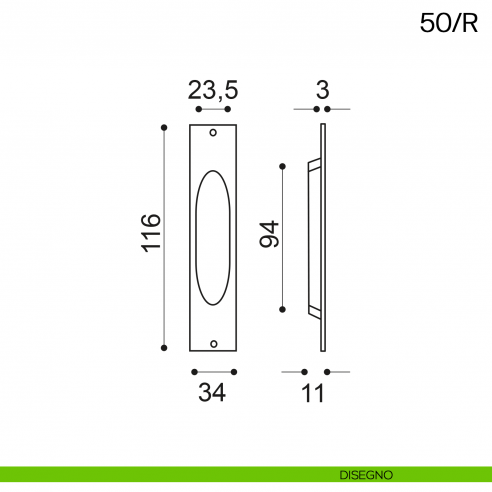 Maniglia incasso rettangolare foro chiave Manital art.50/R disegno