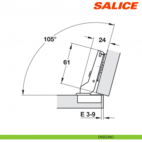Cerniera Salice C2ABZ99 Serie 200 apertura 94 gradi applicazione angolare positiva 15 gradi - disegno