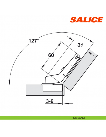 Cerniera Salice C2ABK99 Serie 200 apertura 94 gradi applicazione angolare positiva 37 gradi - disegno