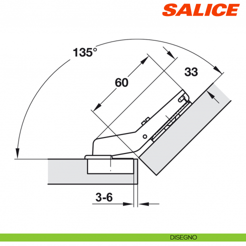 Cerniera Salice C2ABM99 Serie 200 apertura 94 gradi applicazione angolare positiva 45 gradi mezzo sormonto - disegno