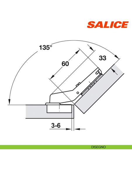 Cerniera Salice C2ABM99 Serie 200 apertura 94 gradi applicazione angolare positiva 45 gradi mezzo sormonto - disegno