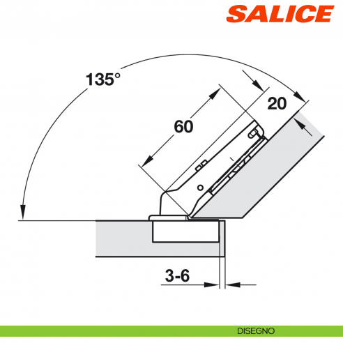 Cerniera Salice C2ABV99 Serie 200 apertura 94 gradi applicazione angolare positiva 45 gradi a sormonto - disegno
