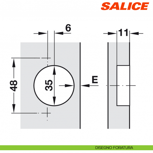 Cerniera Salice C2ABV99 Serie 200 apertura 94 gradi applicazione angolare positiva 45 gradi a sormonto - disegno foratura