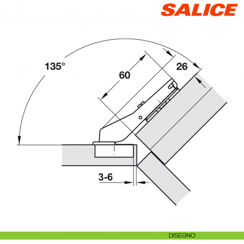 Cerniera Salice C2ABM99AC Serie 200 apertura 94 gradi applicazione angolare positiva 45 gradi a filo - disegno