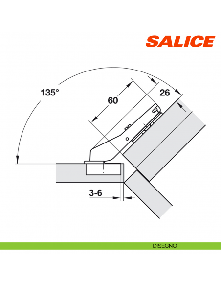 Cerniera Salice C2ABM99AC Serie 200 apertura 94 gradi applicazione angolare positiva 45 gradi a filo - disegno