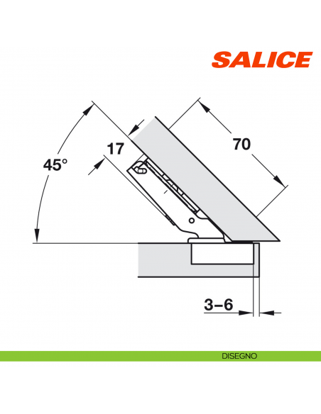 Cerniera Salice C2ABH99 Serie 200 apertura 120 gradi applicazione angolare negativa 45 gradi - disegno