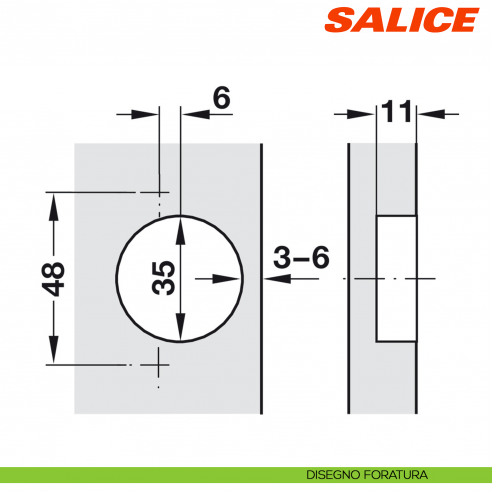 Cerniera Salice C2ABH99 Serie 200 apertura 120 gradi applicazione angolare negativa 45 gradi - disegno foratura