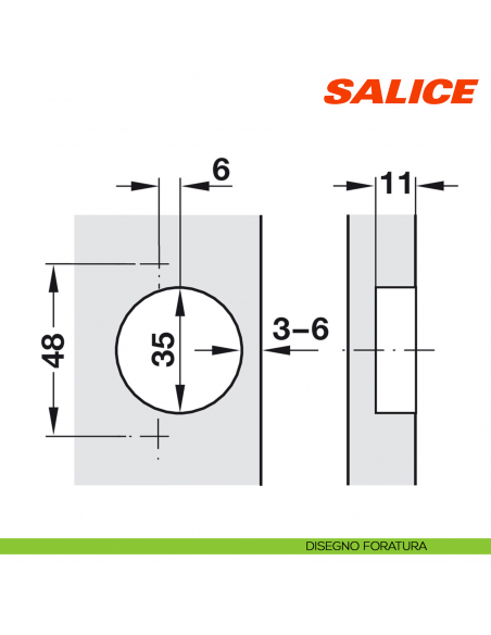Cerniera Salice C2ABH99 Serie 200 apertura 120 gradi applicazione angolare negativa 45 gradi - disegno foratura