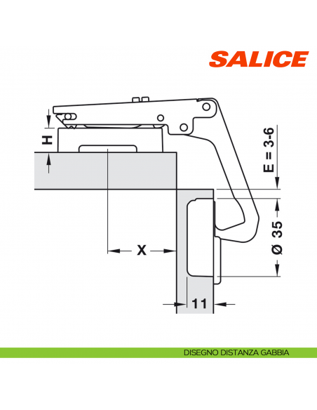 Cerniera Salice C2AYA99 Serie 200 apertura 70 gradi applicazione per mobili angolari - disegno distanza gabbia