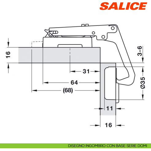 Cerniera Salice C2AYA99 Serie 200 apertura 70 gradi applicazione per mobili angolari - disegno ingombro con base serie domi