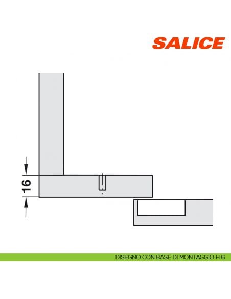 Cerniera Salice C2ABN99 Serie 200 controcollo per piccoli spazi - disegno base di montaggio H 6