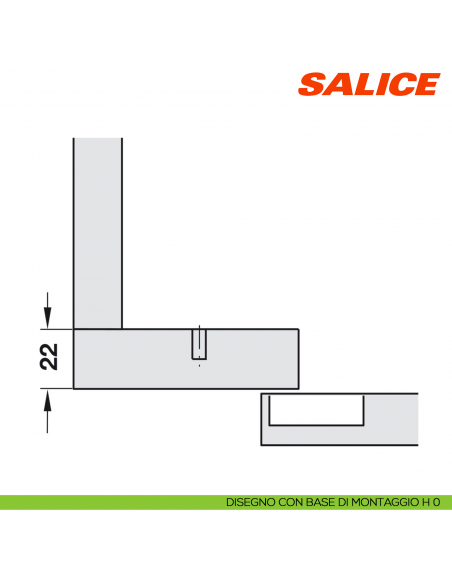 Cerniera Salice C2A6N99AM Serie 200 controcollo lungo - disegno con base di montaggio H 0