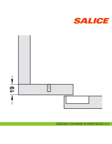 Cerniera Salice C2A6N99AM Serie 200 controcollo lungo - disegno con base di montaggio H 3