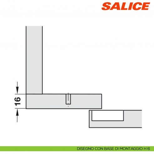 Cerniera Salice C2A6N99AM Serie 200 controcollo lungo - disegno con base di montaggio H 6