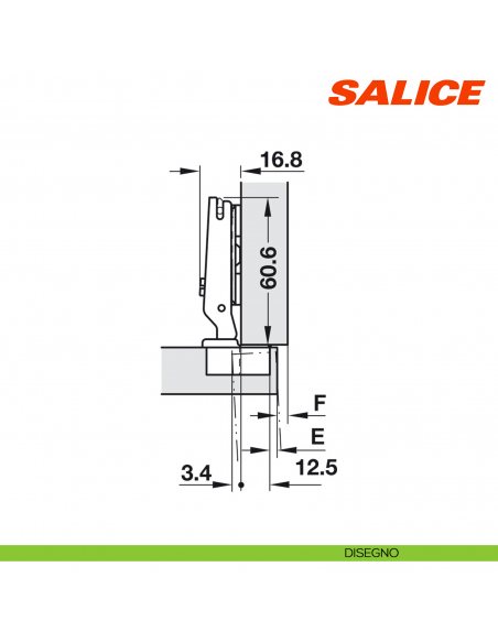 Cerniera Salice C6A7C99 Serie 600 Mini apertura 94 gradi collo 0 foro 26 chiusura automatica - disegno