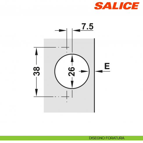 Cerniera Salice C6A7C99 Serie 600 Mini apertura 94 gradi collo 0 foro 26 chiusura automatica - disegno foratura