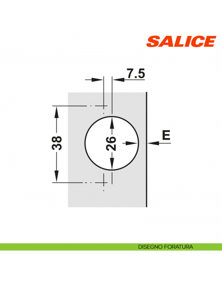 Cerniera Salice C6A7C99 Serie 600 Mini apertura 94 gradi collo 0 foro 26 chiusura automatica - disegno foratura
