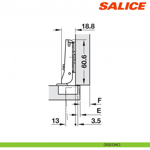 Cerniera Salice C6A7L99 Serie 600 Mini apertura 94 gradi collo 9 foro 26 chiusura automatica - disegno