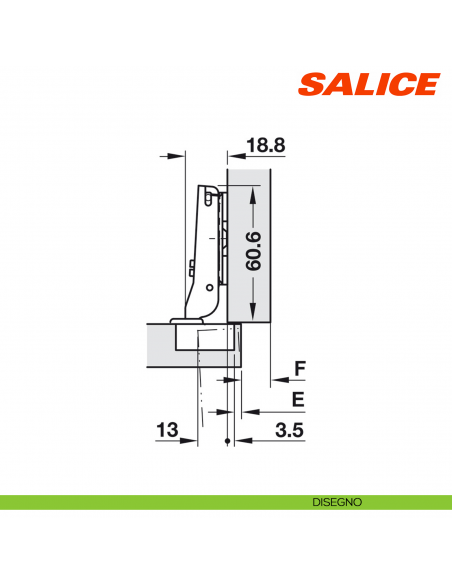 Cerniera Salice C6A7L99 Serie 600 Mini apertura 94 gradi collo 9 foro 26 chiusura automatica - disegno