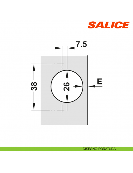 Cerniera Salice C6A7L99 Serie 600 Mini apertura 94 gradi collo 9 foro 26 chiusura automatica - disegno foratura