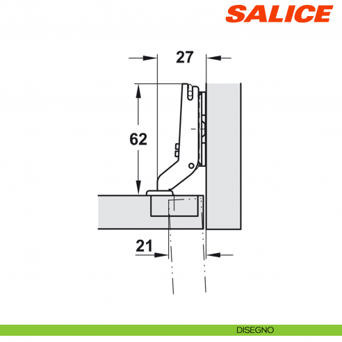 Cerniera Salice C6A7S99 Serie 600 Mini apertura 94 gradi collo 17 foro 26 chiusura automatica - disegno