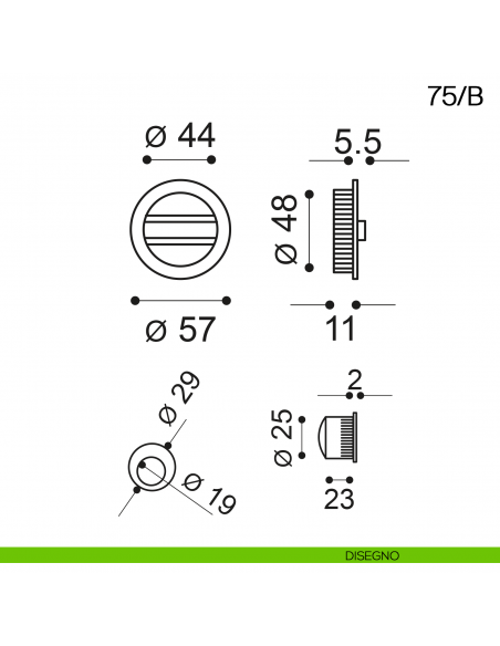 Maniglia incasso tonda con nottolino con anello, trascinatore e serratura Manital art.75/B disegno