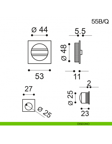 Maniglia incasso quadrata con nottolino, trascinatore e serratura Manital art.55B/Q disegno