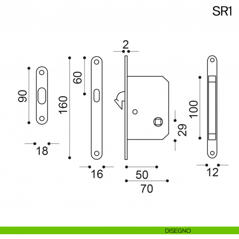Serratura a gancio con nottolino Manital SR1 disegno