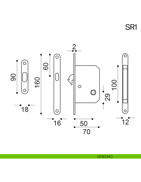 Serratura a gancio con nottolino Manital SR1 disegno