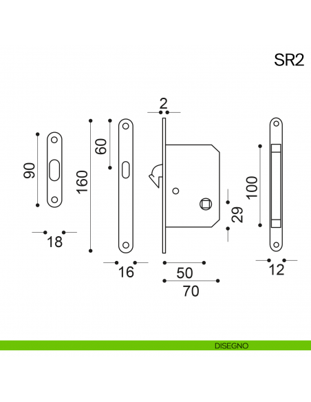 Serratura a gancio con chiave pieghevole Manital SR2 disegno