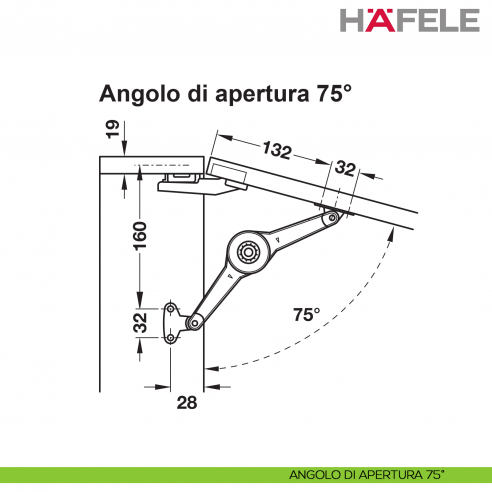 Supporto per anta a ribalta Kessebohmer Huwil Hafele Duo standard distanza dal bordo 28 mm - angolo di apertura 75°