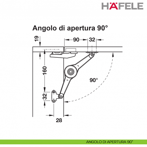 Supporto per anta a ribalta Kessebohmer Huwil Hafele Duo standard distanza dal bordo 28 mm - angolo di apertura 90°