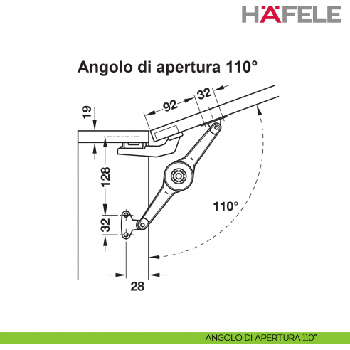 Supporto per anta a ribalta Kessebohmer Huwil Hafele Duo standard distanza dal bordo 28 mm - angolo di apertura 110°