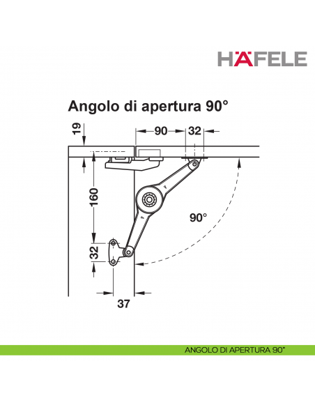 Supporto per anta a ribalta Kessebohmer Huwil Hafele Duo standard distanza dal bordo 37 mm - angolo di apertura 90°