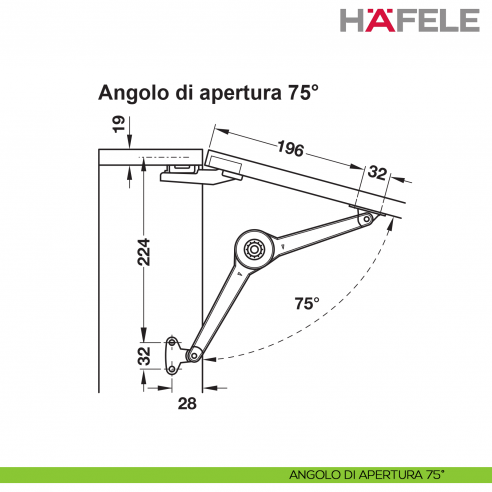 Supporto per anta a ribalta Kessebohmer Huwil Hafele Duo forte distanza dal bordo 28 mm - angolo di apertura 75°