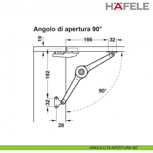 Supporto per anta a ribalta Kessebohmer Huwil Hafele Duo forte distanza dal bordo 28 mm - angolo di apertura 90°