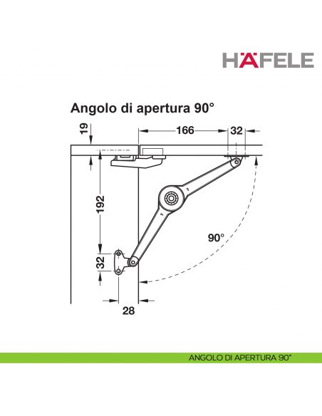 Supporto per anta a ribalta Kessebohmer Huwil Hafele Duo forte distanza dal bordo 28 mm - angolo di apertura 90°