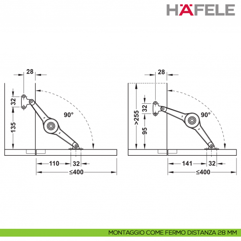 Supporto per anta a ribalta Kessebohmer Huwil Hafele Duo standard distanza dal bordo 28 mm - montaggio come fermo