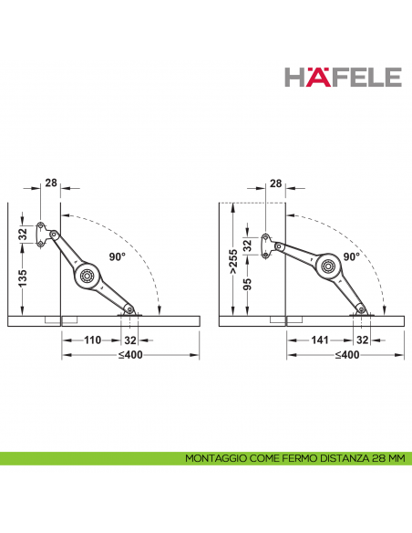 Supporto per anta a ribalta Kessebohmer Huwil Hafele Duo standard distanza dal bordo 28 mm - montaggio come fermo