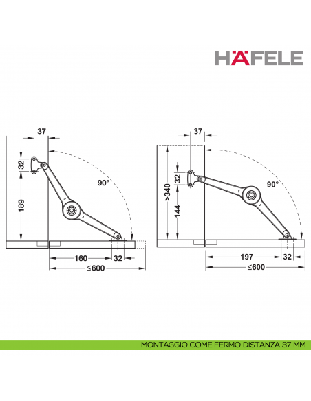 Supporto per anta a ribalta Kessebohmer Huwil Hafele Duo standard distanza dal bordo 37 mm - montaggio come fermo