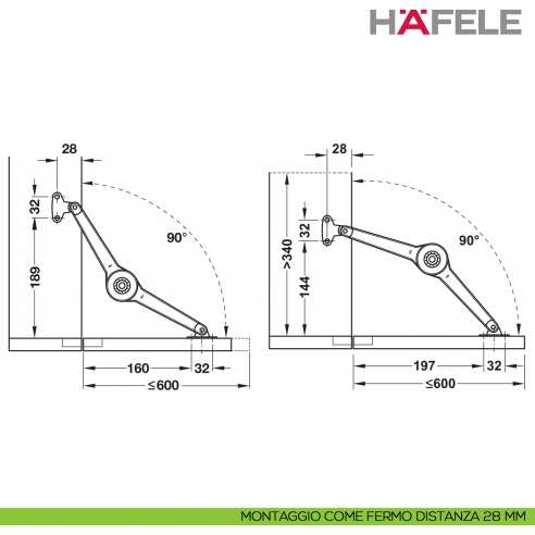 Supporto per anta a ribalta Kessebohmer Huwil Hafele Duo forte distanza dal bordo 28 mm - montaggio come fermo