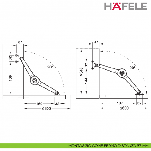 Supporto per anta a ribalta Huwil Hafele Duo forte distanza dal bordo 37 mm - montaggio come fermo