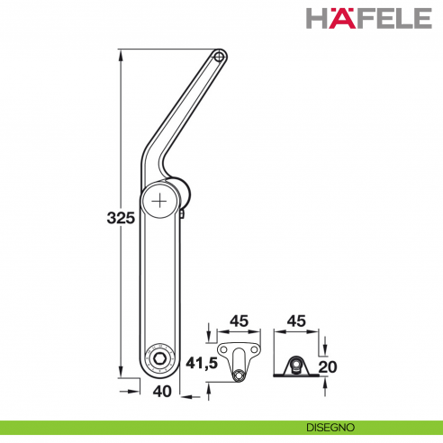 Braccetto per anta a ribalta Kessebohmer Huwil Hafele Maxi Modello B distanza dal bordo 28 mm - disegno